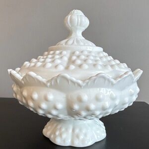 Vintage Fenton White Milk Glass Covered Candy Dish - Classic Hobnail Design